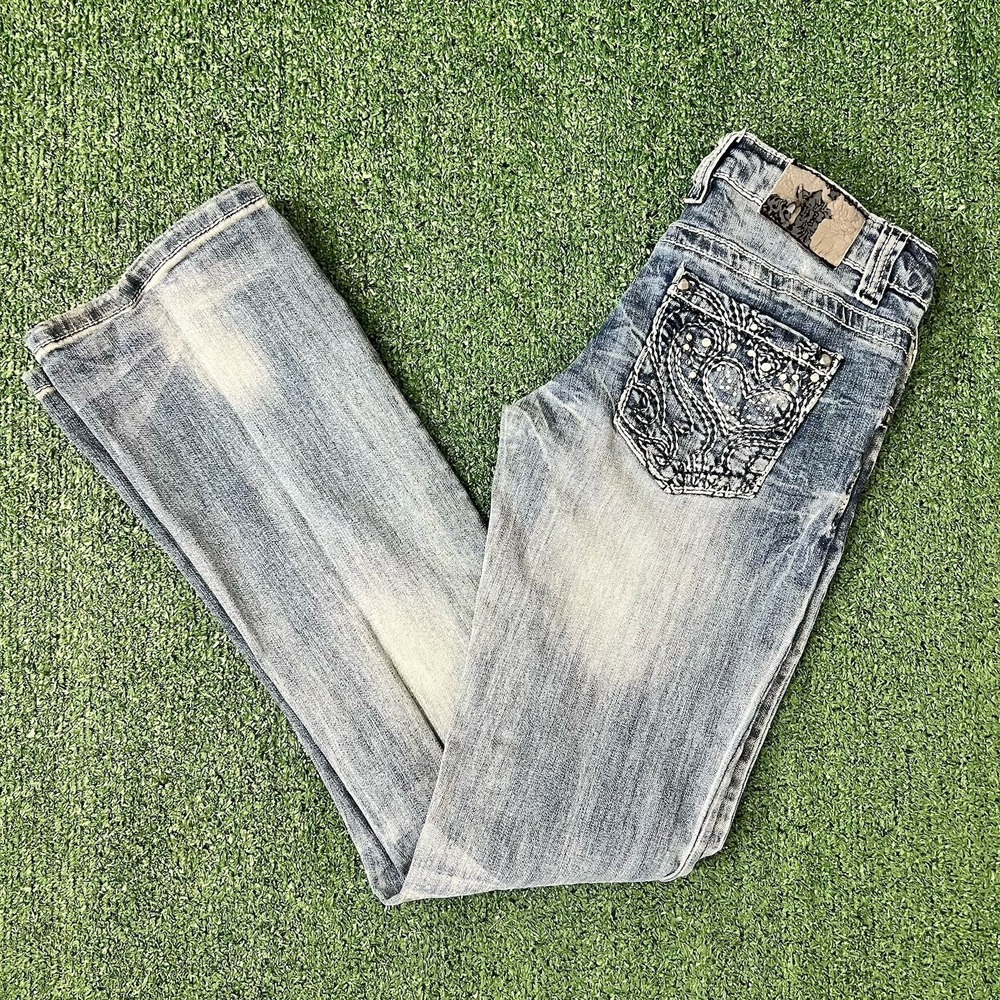 Y2K Petrol Jeans Women Size 27 Jeane Bootcut Low Rise Embellished Pocket Light